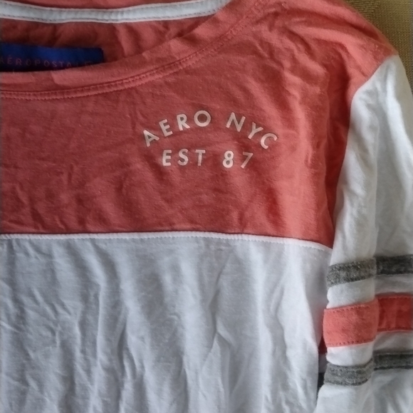 White long sleeve t-shirt Peach and gray trim - Picture 4 of 4